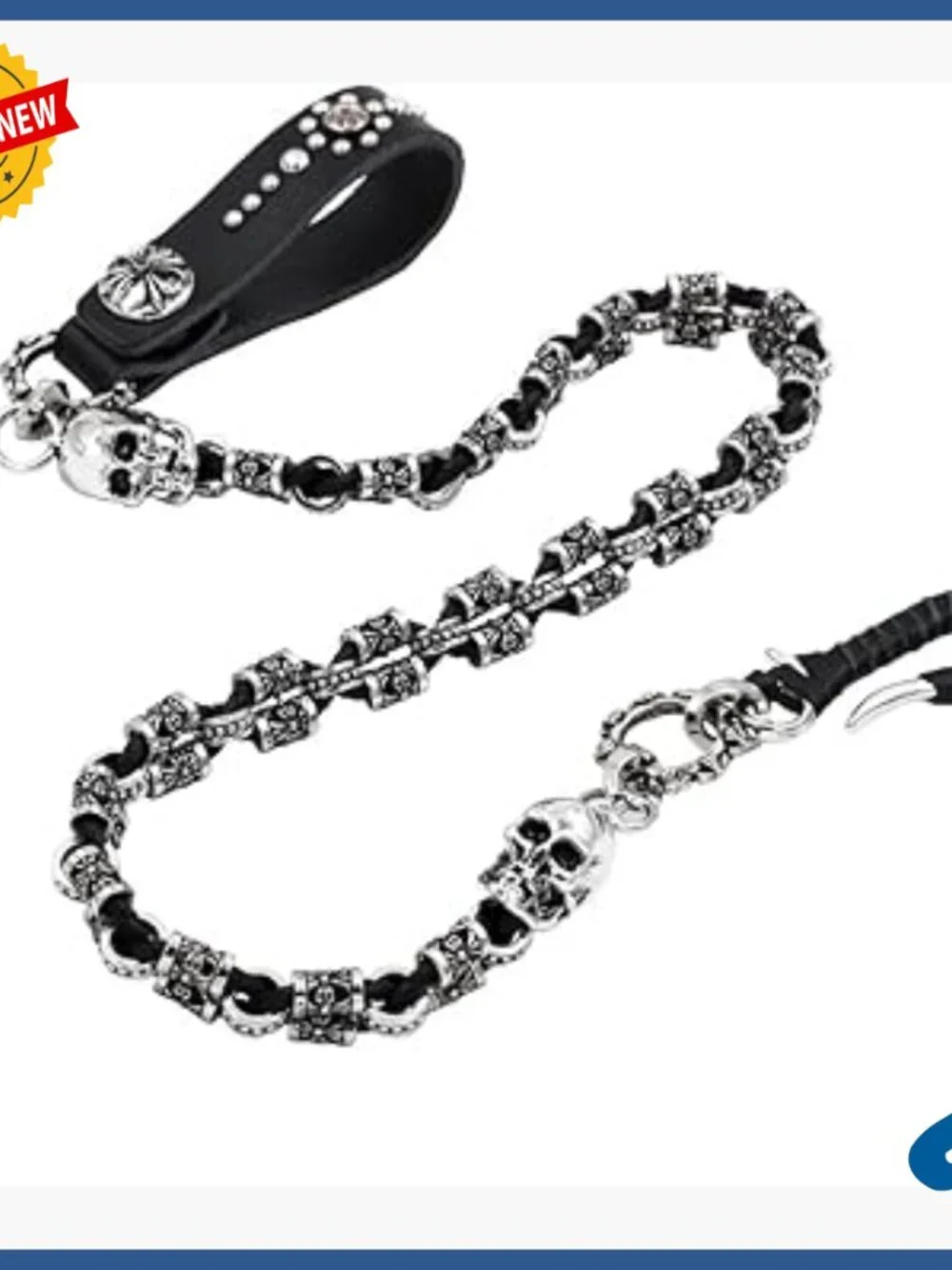 Braided Leather Wallet Chain with Cross Skull Charms, Snap Closure